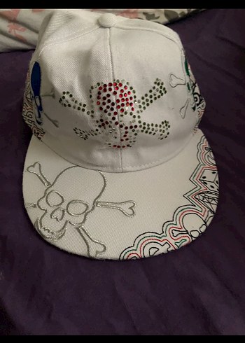 parıltı Detaylı Beyaz skull Şapka