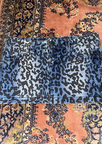 38 Beden leopar Desenli Mini Denim Etek