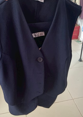 Lacivert Mini  şortlu Düğmeli Kolsuz Yelek takım - Görsel 3