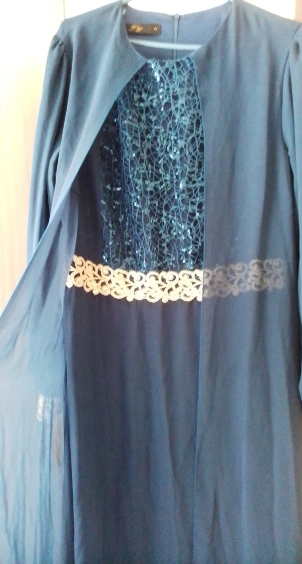 Uzun Kollu Nakışlı Lacivert Kadın Elbise - Görsel 2