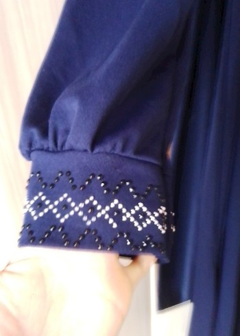 Uzun Kollu Koyu Mavi Drapeli Kadın Elbise - Görsel 2