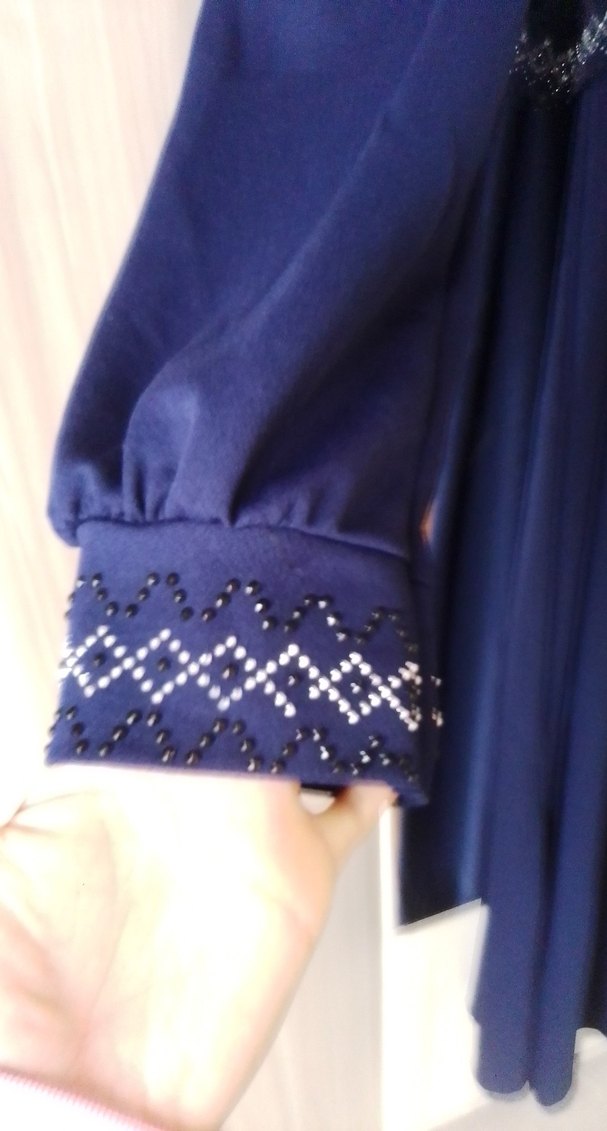 Uzun Kollu Koyu Mavi Drapeli Kadın Elbise - Görsel 2