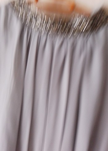 gri Uzun Keten Elbise, Dökümlü, Yüksek Yaka - Görsel 2