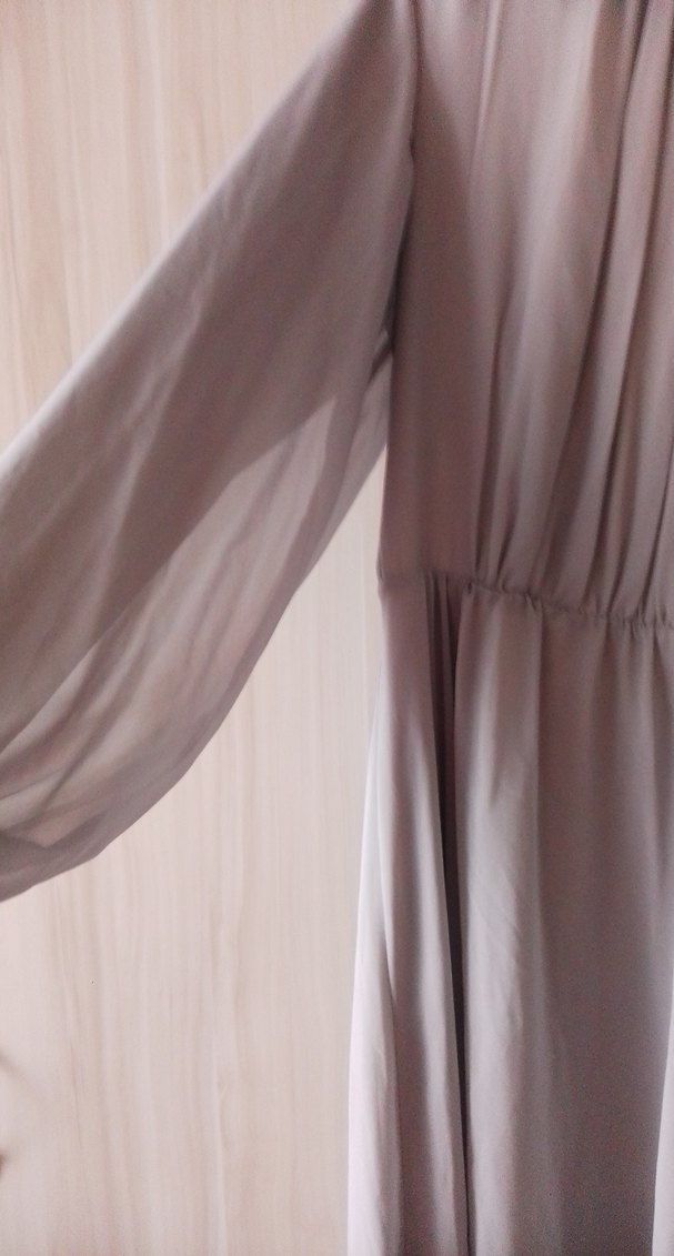 gri Uzun Keten Elbise, Dökümlü, Yüksek Yaka - Görsel 4