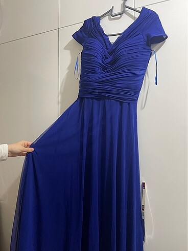 Saks mavisi tasarım abiye elbise