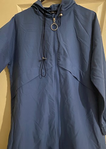 Mavi Uzun Kadın Yağmurluk Fermuarlı Kapüşonlu - Görsel 3