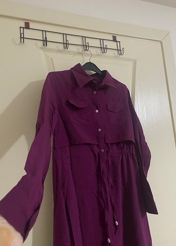 Uzun Kollu Mor Düğmeli Elbise - Görsel 2