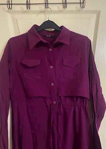 Uzun Kollu Mor Düğmeli Elbise - Görsel 3