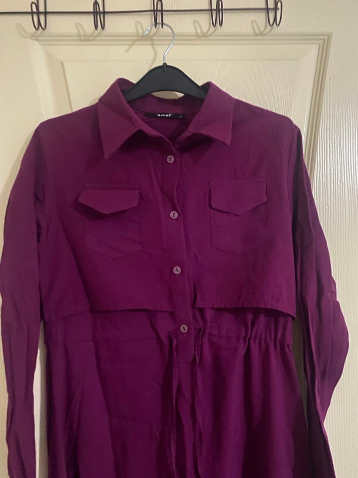 Uzun Kollu Mor Düğmeli Elbise - Görsel 3