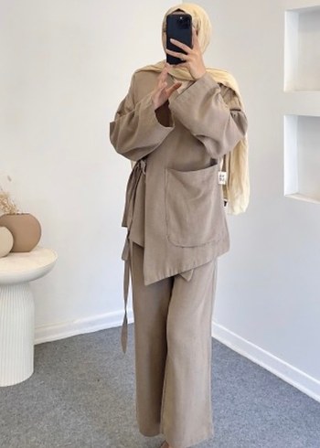 Bej Kemerli Uzun Kadın Keten Takım - Görsel 2
