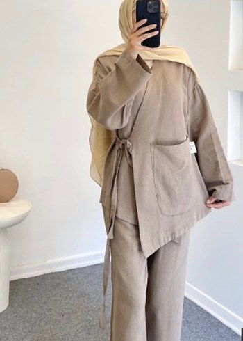 Bej Kemerli Uzun Kadın Keten Takım - Görsel 3