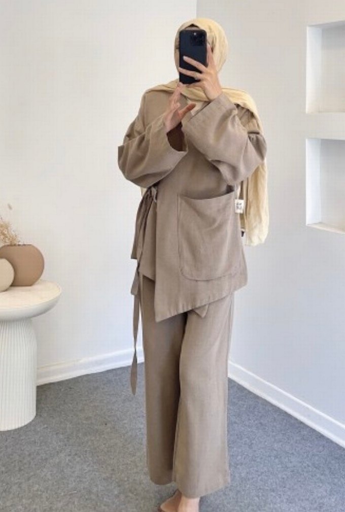 Bej Kemerli Uzun Kadın Keten Takım - Görsel 2