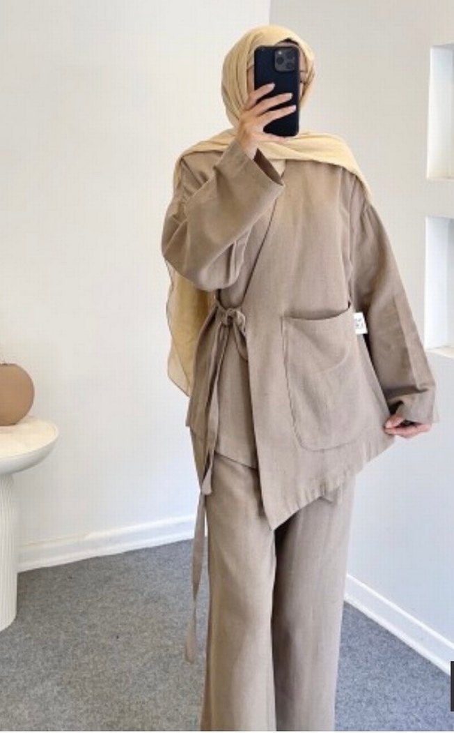 Bej Kemerli Uzun Kadın Keten Takım - Görsel 3