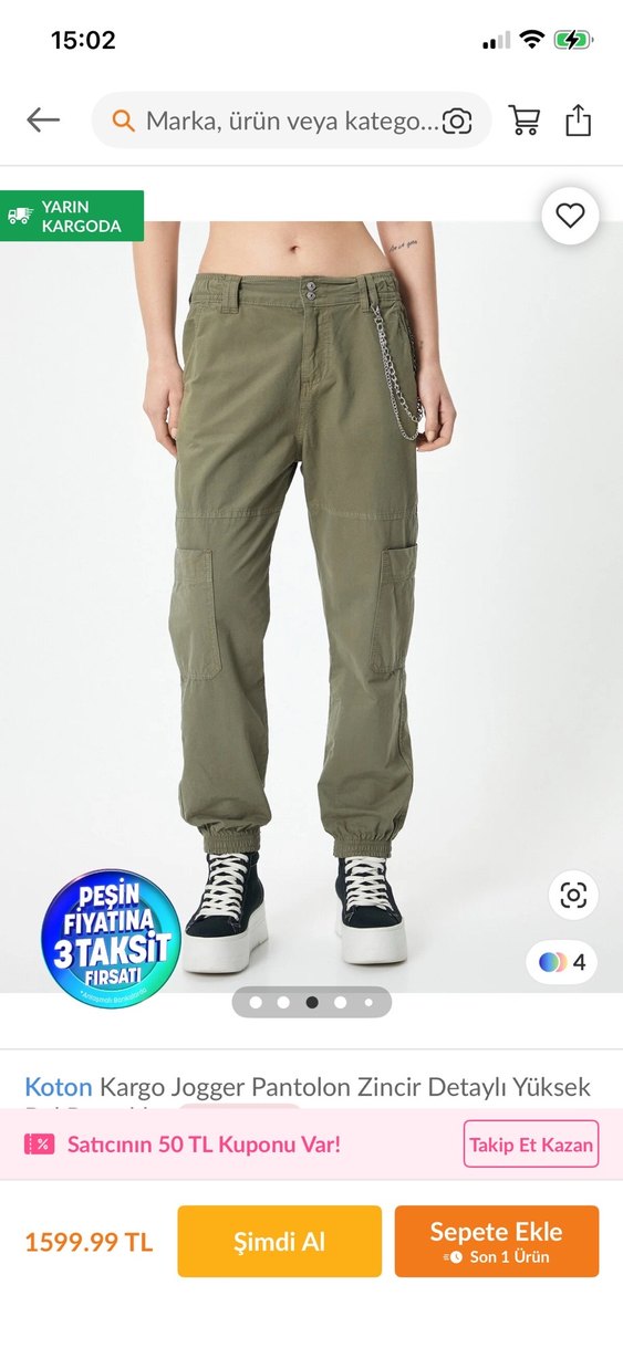 Zincir Detaylı Koton Kargo Jogger Pantolon - Görsel 4