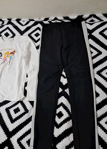 Beyaz Baskılı Uzun Kollu Kız Tişörtü ve tayt - Görsel 2