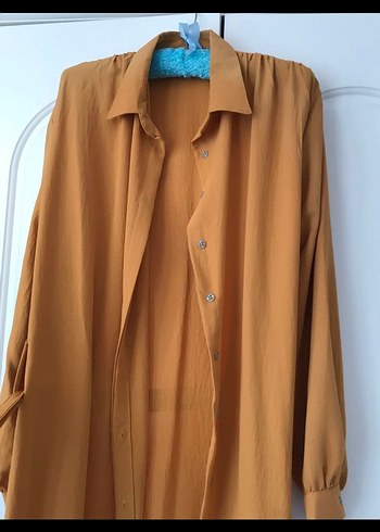 Hardal sarısı komple düğmeli kemerli elbise - Görsel 4