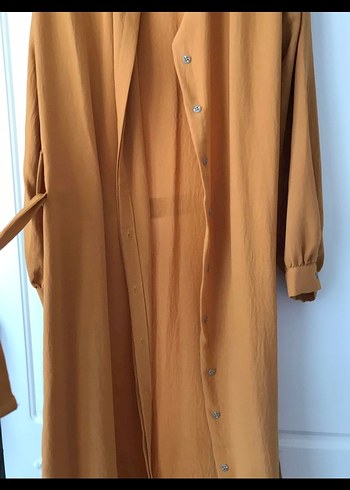 Hardal sarısı komple düğmeli kemerli elbise - Görsel 2