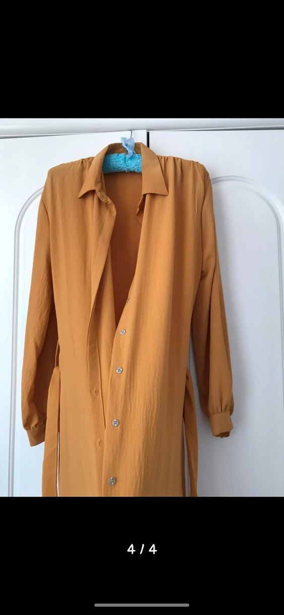 Hardal sarısı komple düğmeli kemerli elbise - Görsel 3