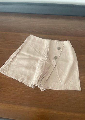 Düğmeli Bej Keten Mini Yüksek Bel Şort Etek Yeni