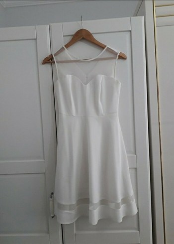 Beyaz Midi V Yaka Kolsuz Abiye Elbise - Görsel 4