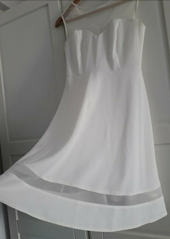 Beyaz Midi V Yaka Kolsuz Abiye Elbise - Görsel 3