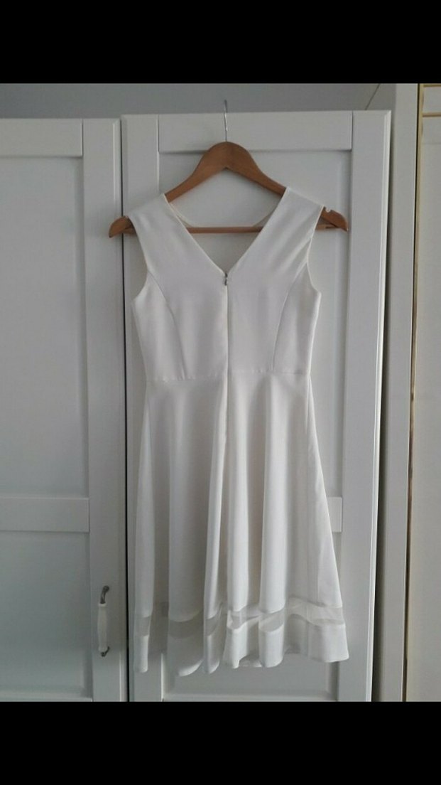 Beyaz Midi V Yaka Kolsuz Abiye Elbise - Görsel 2