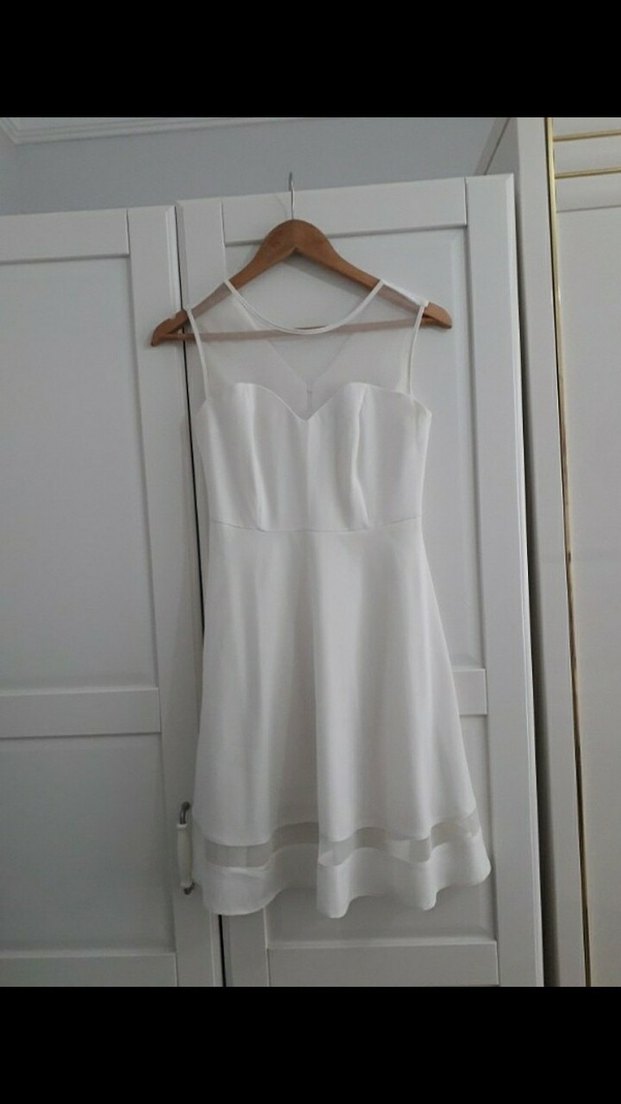 Beyaz Midi V Yaka Kolsuz Abiye Elbise - Görsel 4