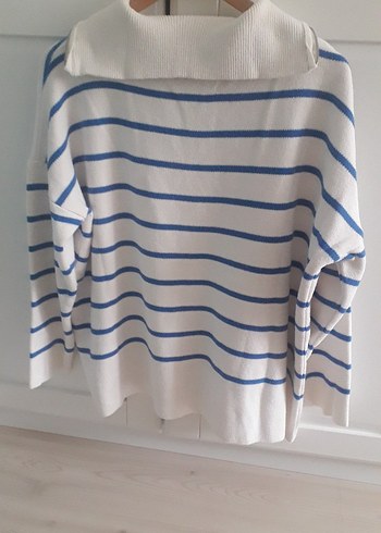 Yarım Fermuarlı Çizgili Kadın Triko - Görsel 2