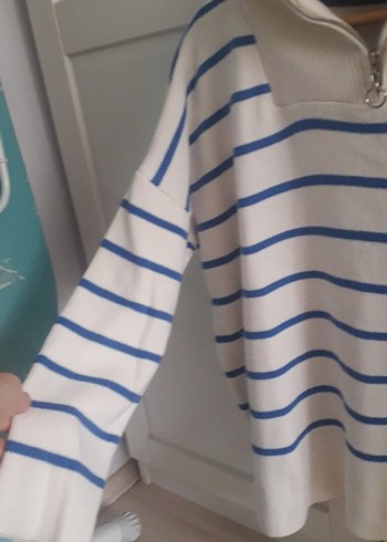 Yarım Fermuarlı Çizgili Kadın Triko - Görsel 4