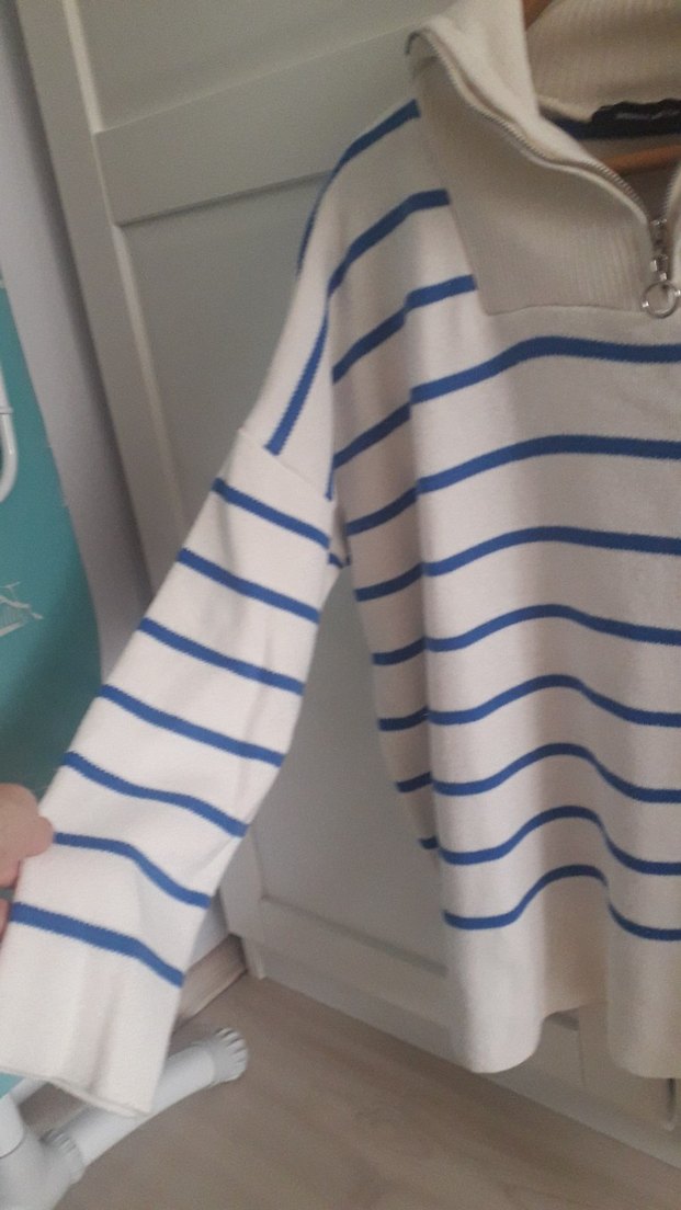 Yarım Fermuarlı Çizgili Kadın Triko - Görsel 4