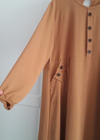 Düğmeli Bej Uzun Keten Elbise - Görsel 3