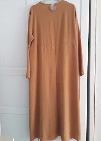 Düğmeli Bej Uzun Keten Elbise - Görsel 2