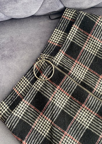 Ekose Desenli Gri Midi Mini Etek - Görsel 2