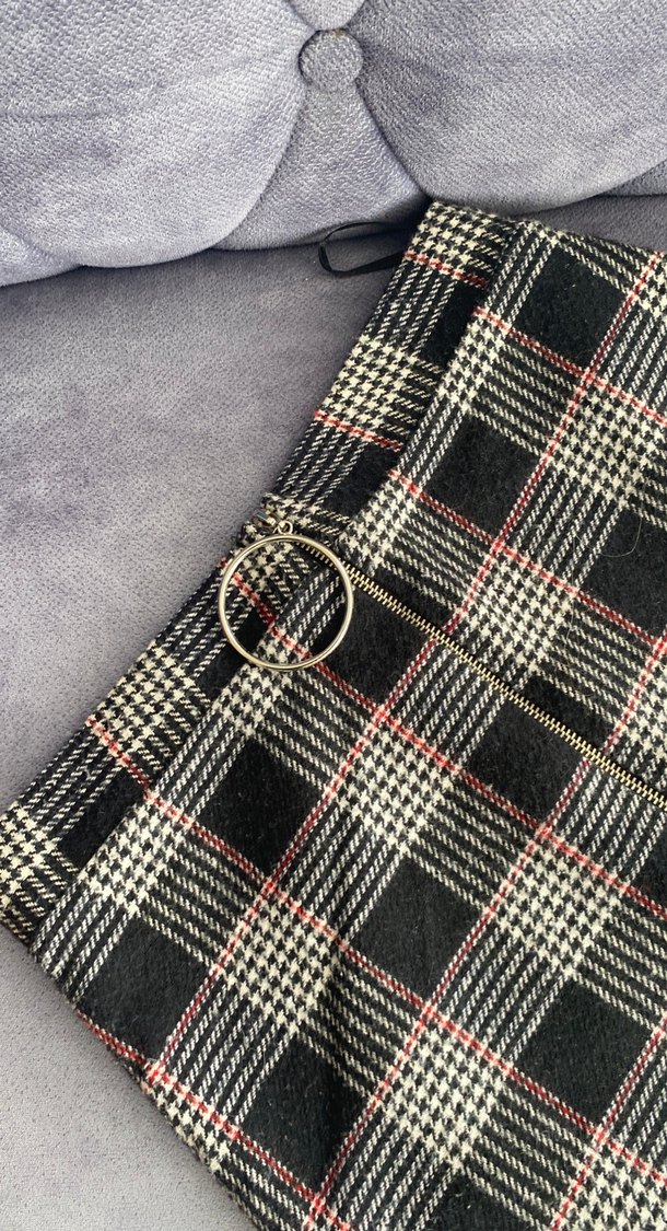 Ekose Desenli Gri Midi Mini Etek - Görsel 2