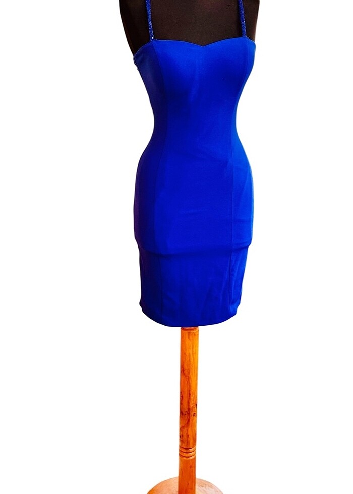 Saks mavi midi elbise - Görsel 3