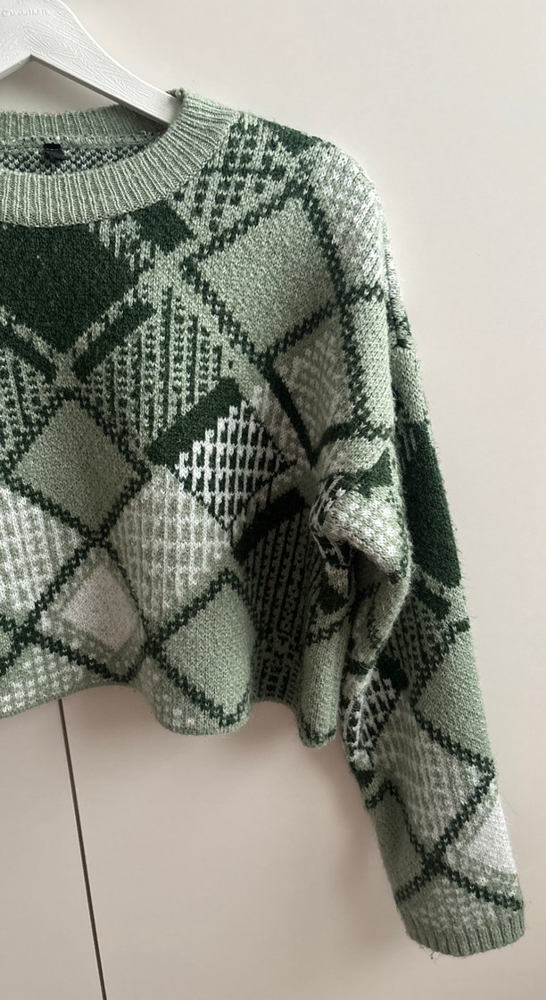 Bohem Tarz Ekose Örgü Kadın Kazak - Görsel 3