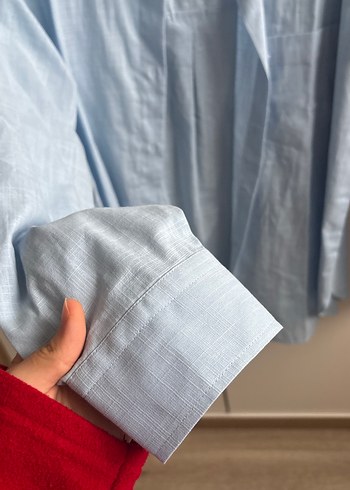 Mavi Keten Düğmeli Kadın Gömlek - Görsel 3