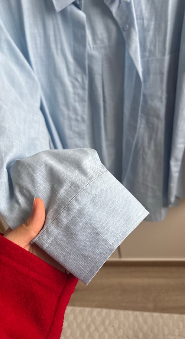 Mavi Keten Düğmeli Kadın Gömlek - Görsel 3