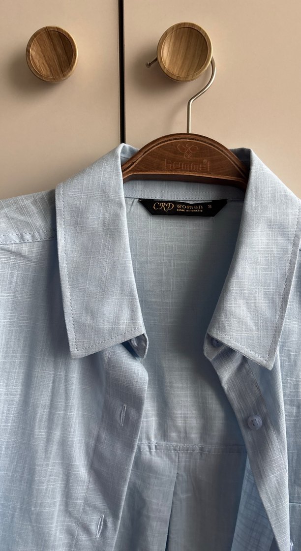 Mavi Keten Düğmeli Kadın Gömlek - Görsel 2