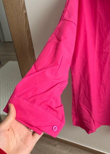 Pembe Düğmeli Uzun Kollu Keten Gömlek - Görsel 2