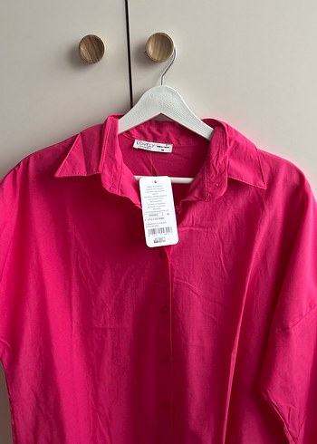 Pembe Düğmeli Uzun Kollu Keten Gömlek - Görsel 3