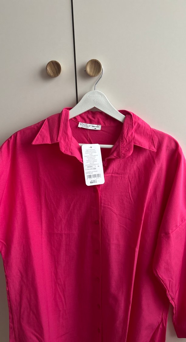 Pembe Düğmeli Uzun Kollu Keten Gömlek - Görsel 3