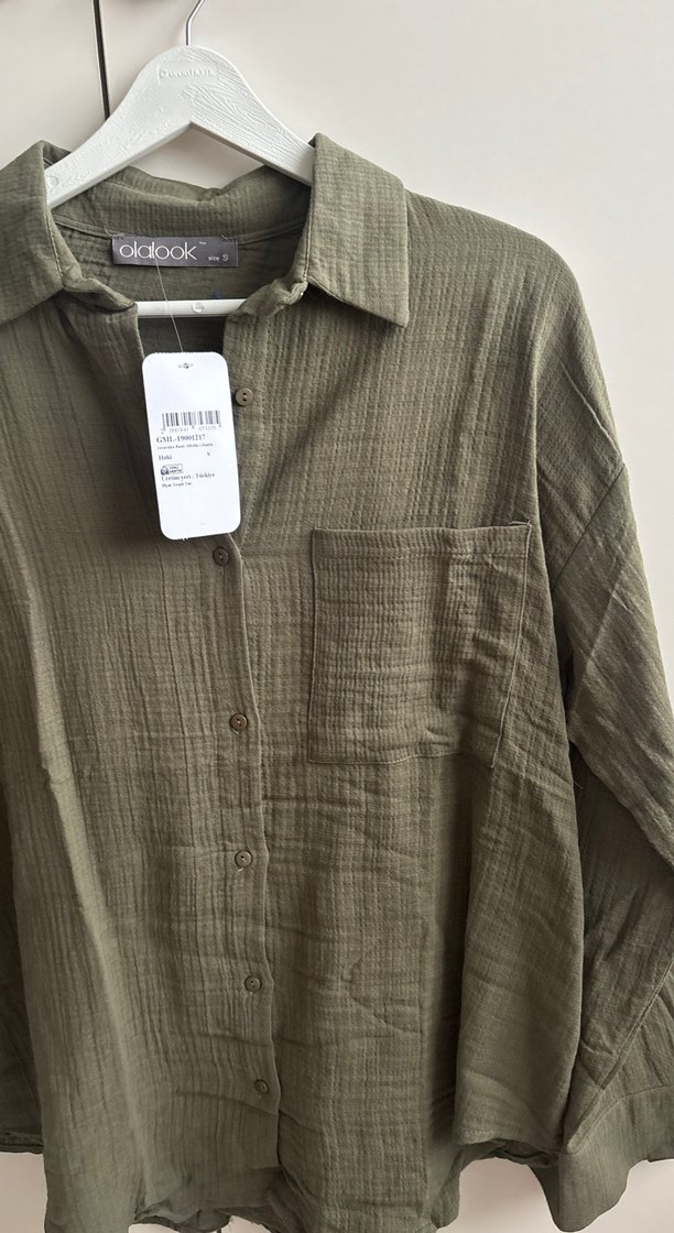 Düğmeli Keten Gömlek Kadın Haki - Görsel 3