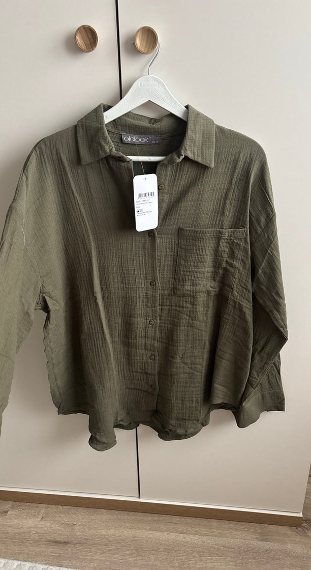 Düğmeli Keten Gömlek Kadın Haki - Görsel 4