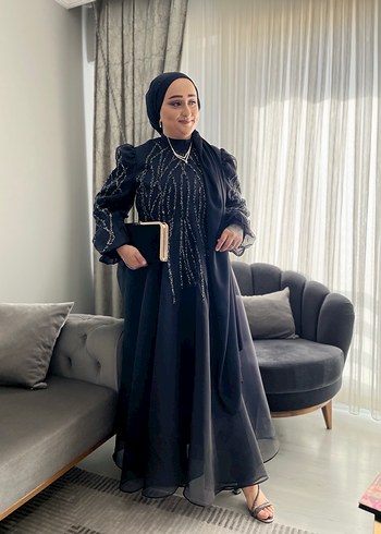 Abiye Nakışlı Siyah Uzun Kollu Abiye