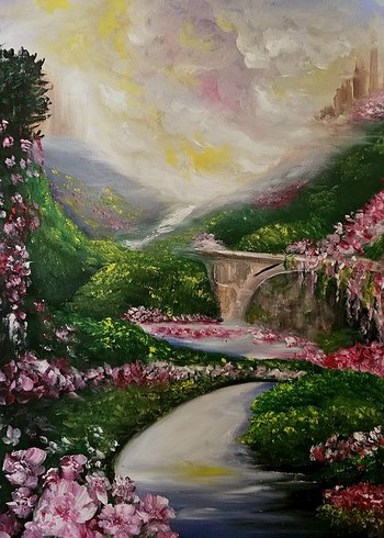 Pastel Renklerde Çiçekli Doğa Manzarası Yağlı Boya 50x50 cm