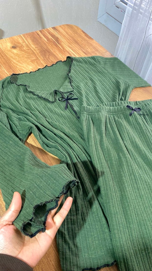 Kadın Uzun Kollu Yeşil Bohem Pijama Takımı - Görsel 3