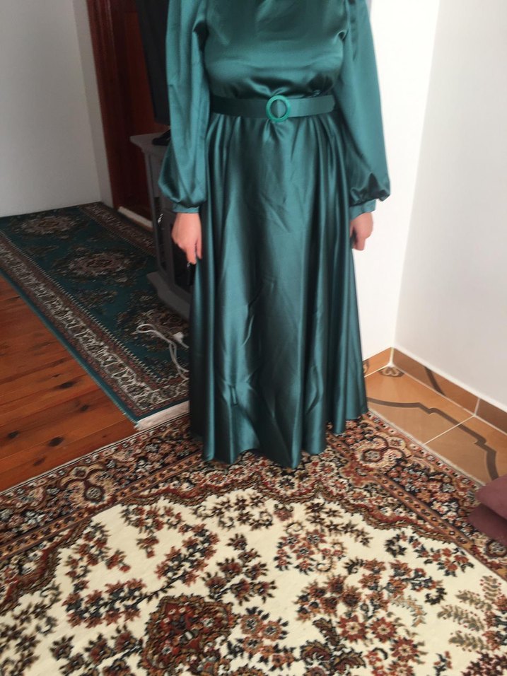 Uzun, Drapeli, Yüksek Yakalı Yeşil Kadın Elbise - Görsel 5