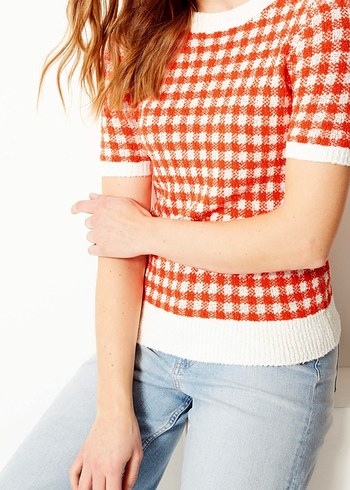 M&S Turuncu Ekoseli Kısa Kollu Triko Kadın Kazak - Görsel 5