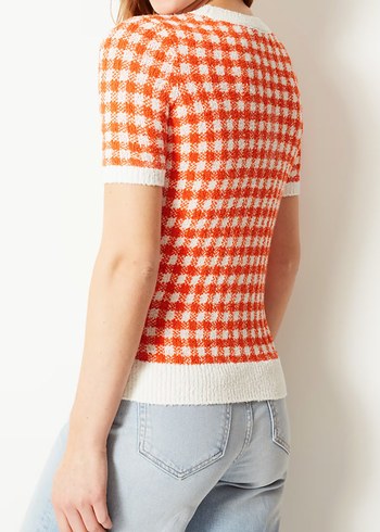 M&S Turuncu Ekoseli Kısa Kollu Triko Kadın Kazak - Görsel 3